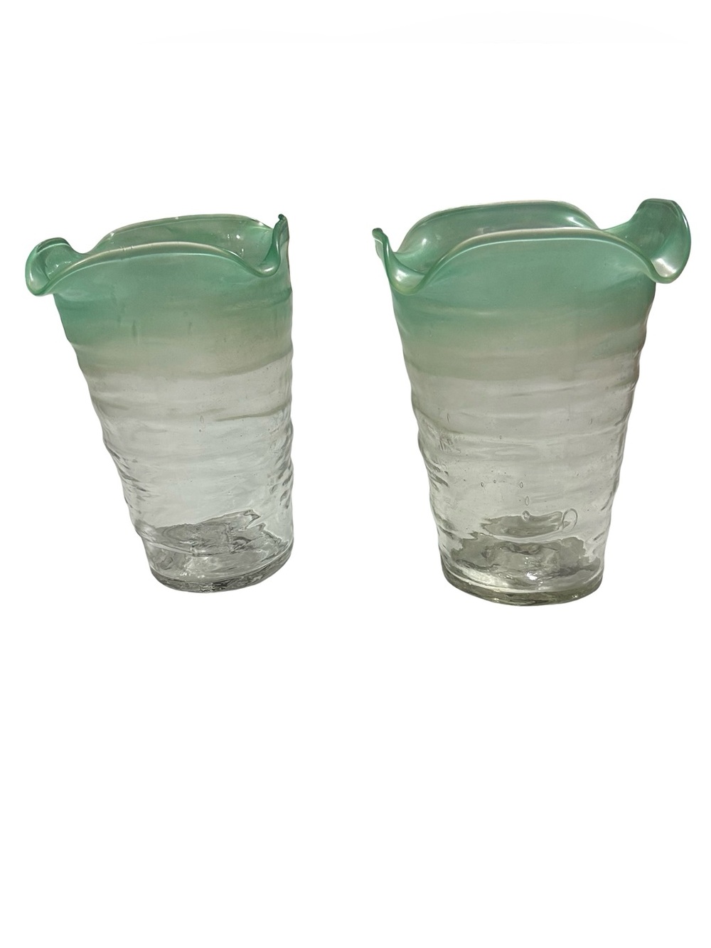 Vtg Muurla Finland Hand Blown Seafoam Green Ombre Glass Envelope Vase Set of 2
